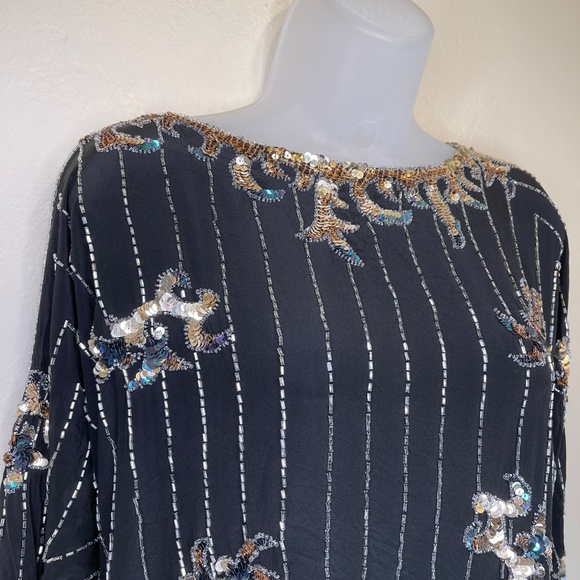 Argenti VTG Embellished Sequin Beaded Glam Dolman Sleeve Asymmetrical Hem Blouse - Picture 5 of 15